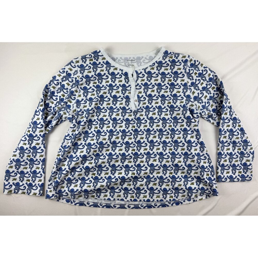 Roller Rabbit Womens L Blue Monkey Print Long Sleeve Pajama Top Pima Cotton